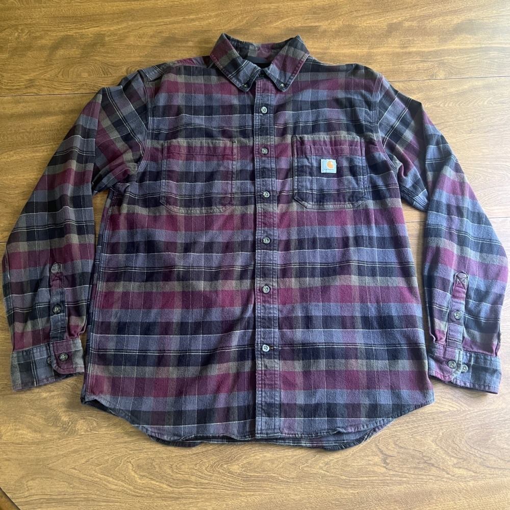 Carhartt Rugged Flex Flannel Shirt Mens Med Relaxed Fit Purple Plaid Button Up